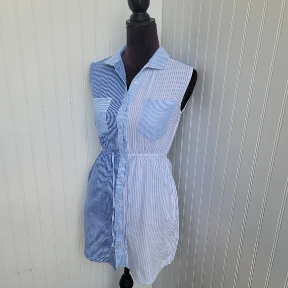 Japna Women's Dress Blue White Striped Sleeveless Elast Waist Shirt Button Sz XS - Picture 13 of 13